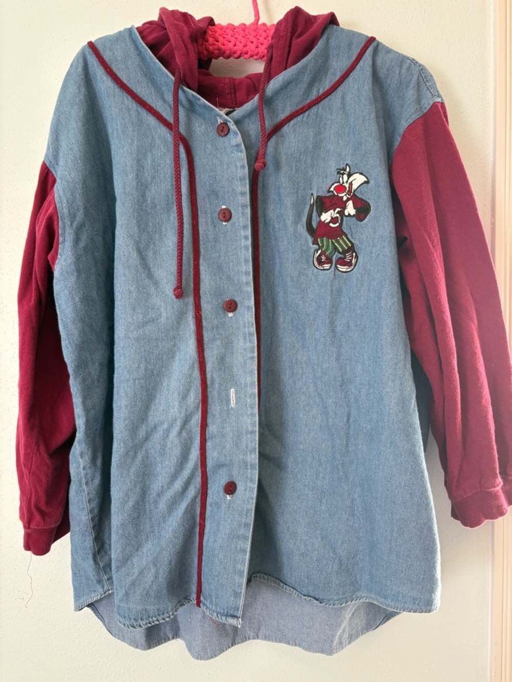 LOONEY TUNES LARGE ✨ VINTAGE Sylvester Stallone Denim Hoodie Jacket *see flaw*